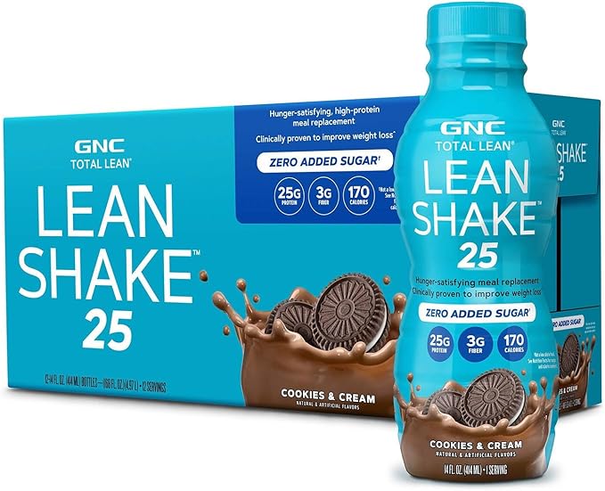 GNC Lean Shake 25 Protein Shake Clinically Proven Weight Management Meal Replacement 25g Protein with Zero Added Sugar Ready To Drink Cookies and Cream Pack of 12