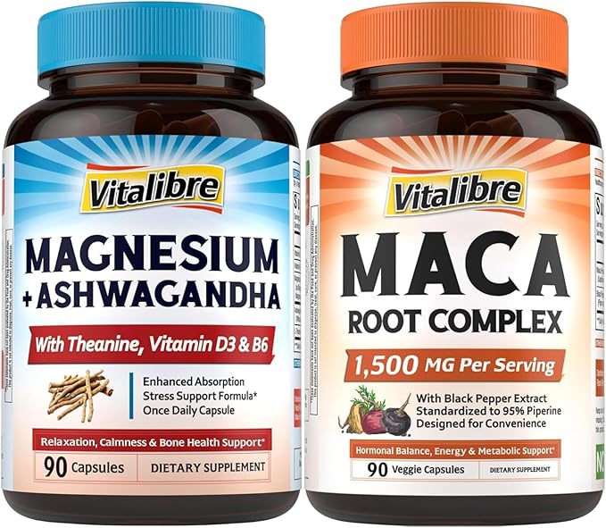 Magnesium Complex 90 Vegan Capsules and Maca Root 1500mg 90 Capsules Bundle Non-GMO