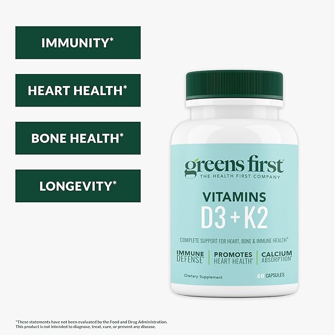 Greens First Vitamins D3+K2 - Support for Heart Bone Vascular and Immune Health - Made with Vitamin D3 &amp Vitamin K2-60 Vegetable Capsules