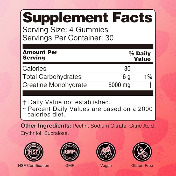 Creatine for Women 5000 MG Creatine Gummies Creatine Monohydrate Supplement for Muscle Growth Strength &amp Energy Support Sugar Free Pre Workout Gummies 120 Count Raspberry Flavor