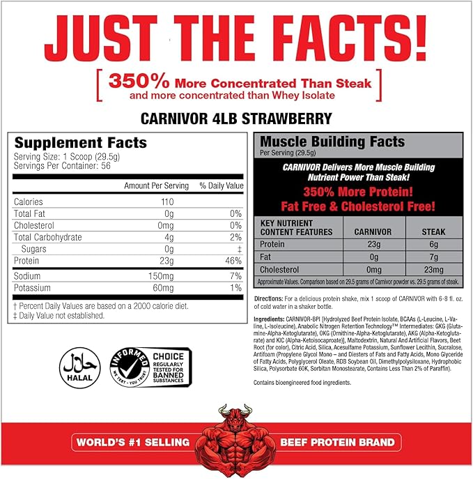 MuscleMeds Carnivor Beef Protein Isolate 0 Lactose 0 Sugar 0 Fat Halal Certified Strawberry 3.9lb 56 Servings 3.9lb