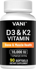 VANI (10000 IU) D3 + K2 Vitamins 2-in-1 Complex Vitamin D3 K2 Supplement Support Bone &amp Muscle &amp Teeth Health 90 SOFTGELS
