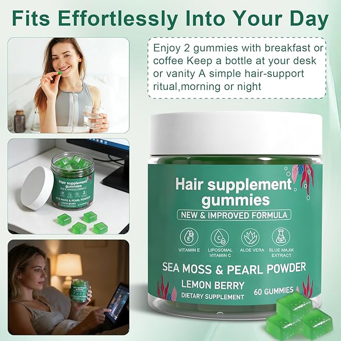 Hair Loss GummiesSea Moss Gummies with Vitamin C Vitamin E Aloe Vera Pearl Powder Support Faster Hair GrowthEnhance Nail ElasticityPromot Radiant SkinGluten-Free - 60 Count