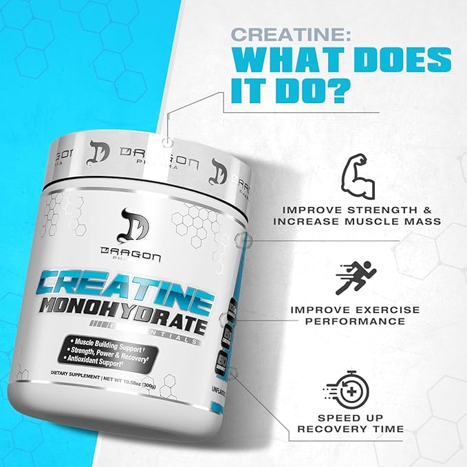DRAGON PHARMA Creatine Monohydrate Aid Muscle Recovery Post-Workout Supplement Antioxidant Support (60 Servings Unflavored)