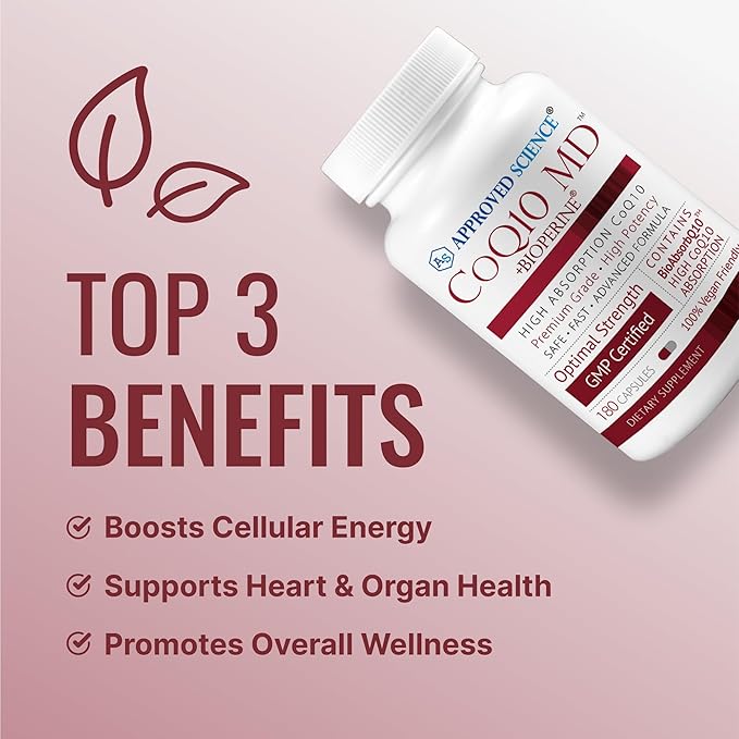 Approved Science® CoQ10 MD - Extra Strength Pure CoQ10 300mg with BioPerine® for Faster Absorption - Optimal Support Supplement - Vegan - 6 Month Supply