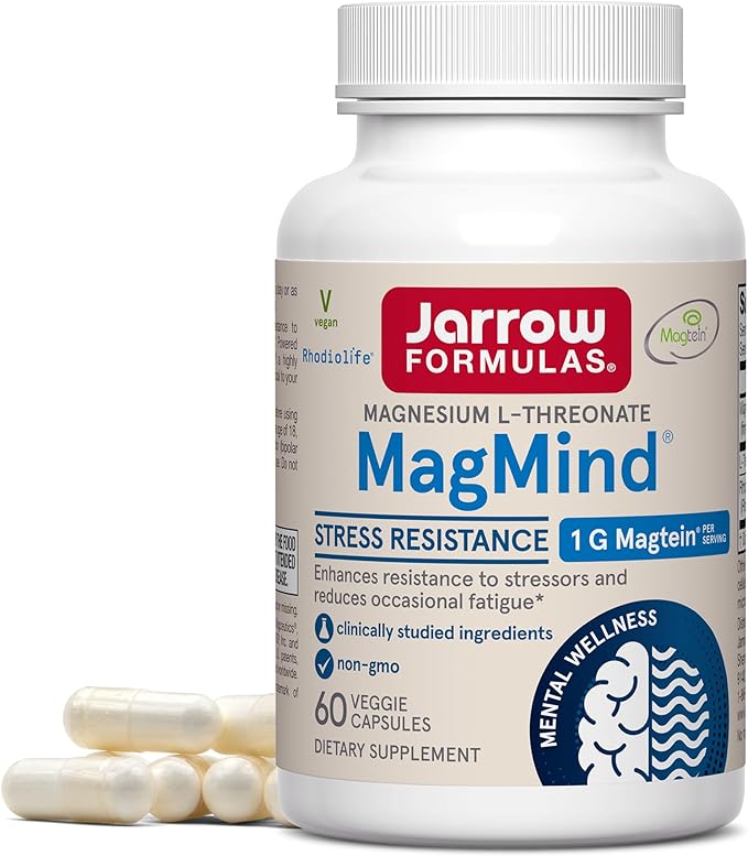 Jarrow Formulas Magnesium L-Threonate MagMind Stress Resistance with L-Theanine and Rhodiolife High Absorption Magnesium Stress Relief and Mood Support 60 Veggie Capsules Up to a 30 Day Supply
