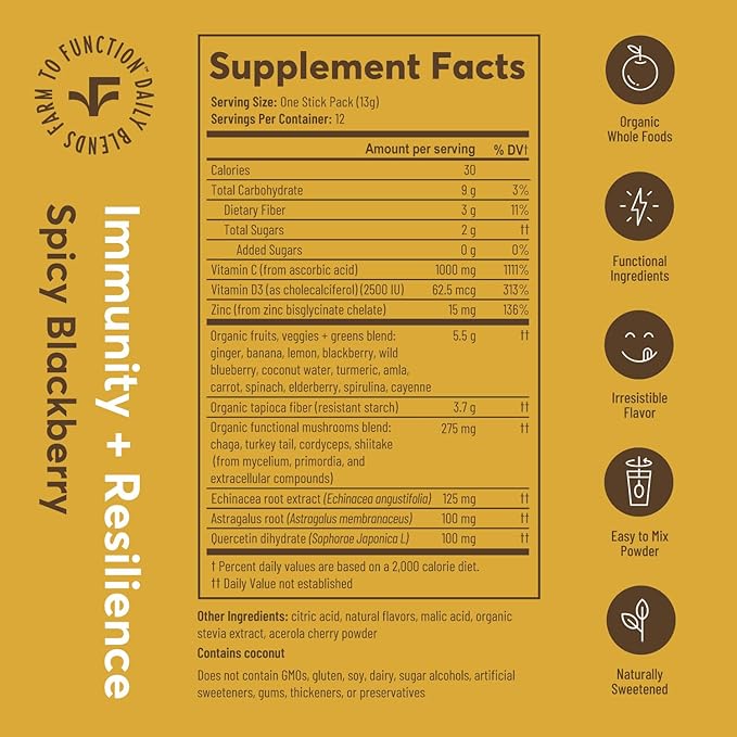 Immune Support Drink Mix - Immune Support with Mushrooms and Botanicals - Antioxidant-Rich Vitamin D &amp C Blend - Daily Immune Booster with Organic Ingredients - Spicy BlackBerry Ginger