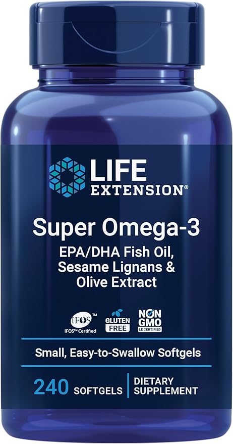 Life Extension Super Omega-3 EPA/DHA Fish Oil Sesame Lignans &amp Olive Extract – Heart Health Brain Health Inflammation Health Support Gluten-Free Easy to Swallow Non-GMO 240 Softgels