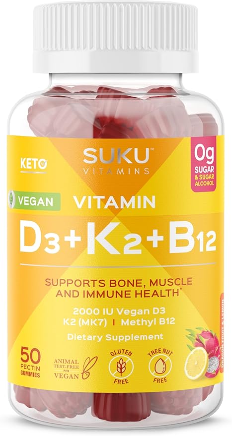SUKU Vitamins Vegan D3 + K2 + B12 Sugar-Free &amp Sugar-Alcohol-Free Keto 2000IU Vitamin D Gummy Supplement for Healthy Bones Immune Function Healthy Metabolism Lemon Dragon Fruit Flavor (50 Gummi