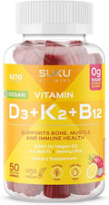 SUKU Vitamins Vegan D3 + K2 + B12 Sugar-Free &amp Sugar-Alcohol-Free Keto 2000IU Vitamin D Gummy Supplement for Healthy Bones Immune Function Healthy Metabolism Lemon Dragon Fruit Flavor (50 Gummi