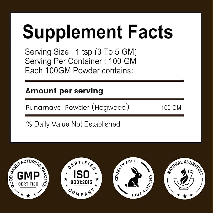 Punarnava Powder | 100% Natural Ayurvedic Herb | Traditionally Used to Maintain Detox &amp Helps in Digestive Process | 100g (Pack of 1)