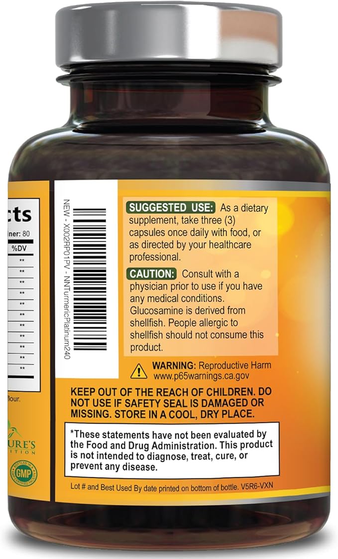Turmeric Curcumin Supplement - 95% Curcuminoids with Glucosamine Ginger &amp MSM BioPerine Black Pepper Extract for Best Absorption Natural Vegan Joint Support Non-GMO Bottled in USA - 240 Capsu