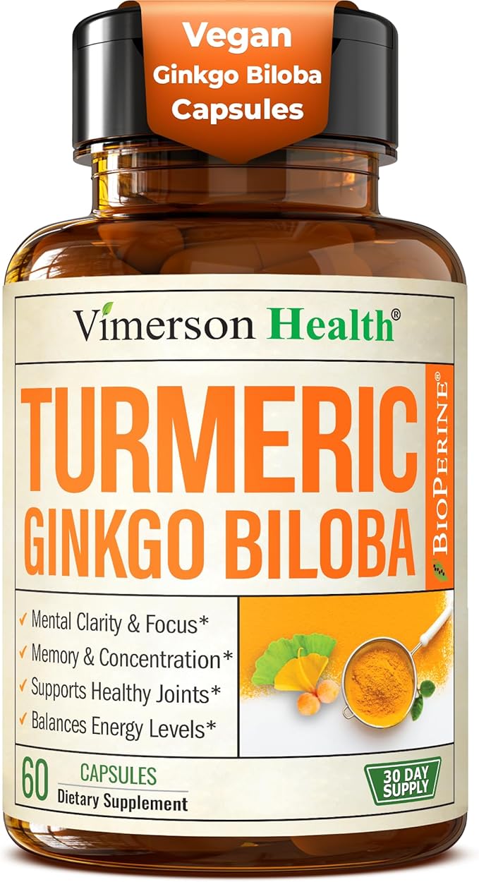 Ginkgo Biloba and Turmeric Curcumin Supplement with Black Pepper &amp Organic Tumeric – Natural Turmeric Supplement for Focus Memory Joint &amp Brain Health – 60 Vegan Ginko Biloba Capsules with C