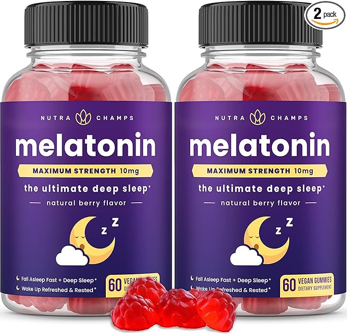 NutraChamps (Pack of 2 Melatonin Gummies for Adults Extra Strength Sleep Aid Vitamins 5mg or 10mg Dose Vegan Natural Strawberry Flavor Supplement for Better Sleep 120 Gummies