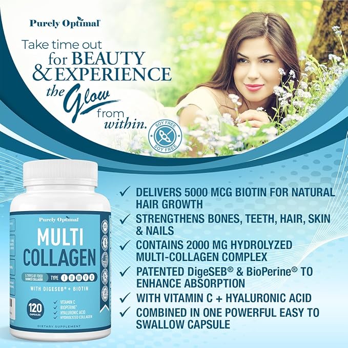 Premium Multi Collagen Peptides (Types I II II V X) - Collagen Pills for Skin Care Hair Growth Nails &amp Joints - Vitamin C Hyaluronic Acid Biotin Gluten Free - 120 Collagen Capsules
