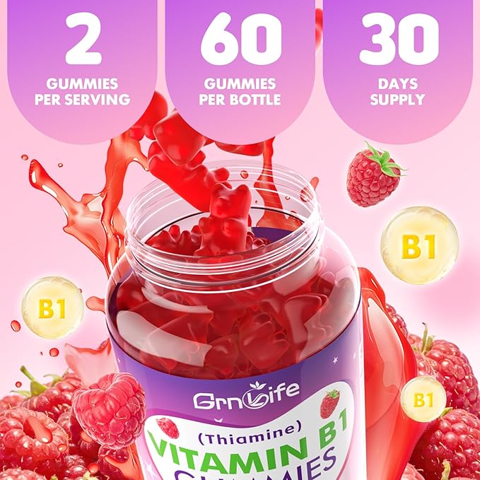 2 Pack Vitamin B1 Gummies 500mg for Adults &amp Kids – High Potency Thiamine B1 Supplement for Energy &amp Nervous System Support Sugar-Free Raspberry Flavor 120 Count