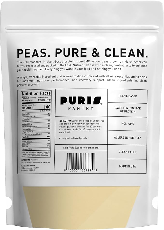 PURIS Pea Protein Powder – Plant-Based Vegan | 27g Per Serving | Dairy Soy and Gluten-Free | Clean Label Non-GMO | Smooth Neutral Taste | Great for Shakes Smoothies Baking (3 Pack Unflavored)