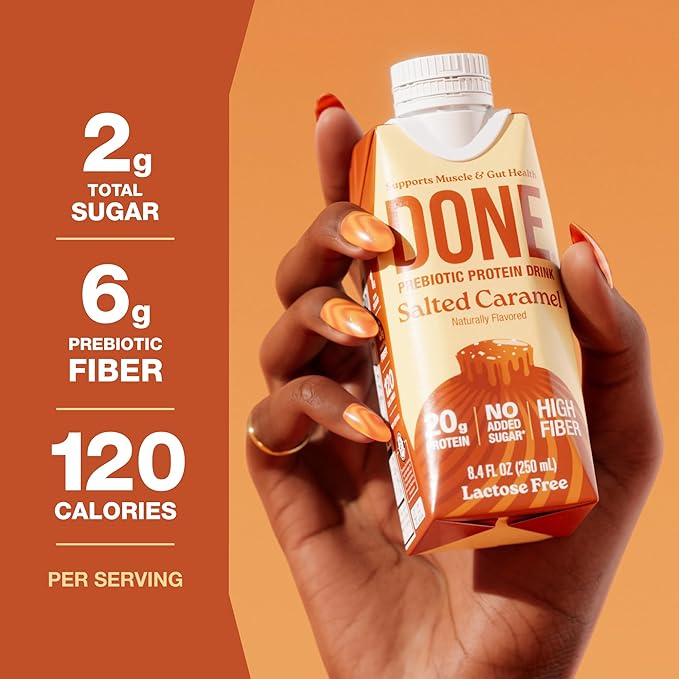 Done Prebiotic Protein Drink Salted Caramel 20G Whey Protein High Fiber Protein Shake With Prebiotics Gluten Free Lactose Free No Added Sugar Natural Flavor Non GMO 8.4 FL Oz Each 15 Pack