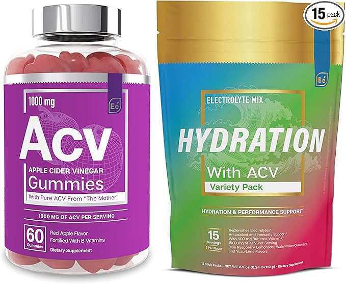 Essential Elements Apple Cider Vinegar Gummies from The Mother &amp Sugar Free Hydration Powder Packets - Variety Pack | 15 Stick Packs | Energy Improved Performance Digestion &amp Immune Support