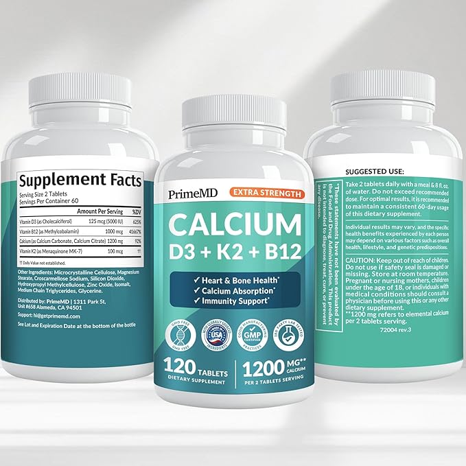 4-in-1 Calcium 1200 mg with Vitamin D3 Supplements for Women and Men - Calcium Extra Strength with Vitamin D3 K2 5000 IU Supplement1200 mg per Serving -Free - Vegan-Friendly (120 Count) (Pack of 1)