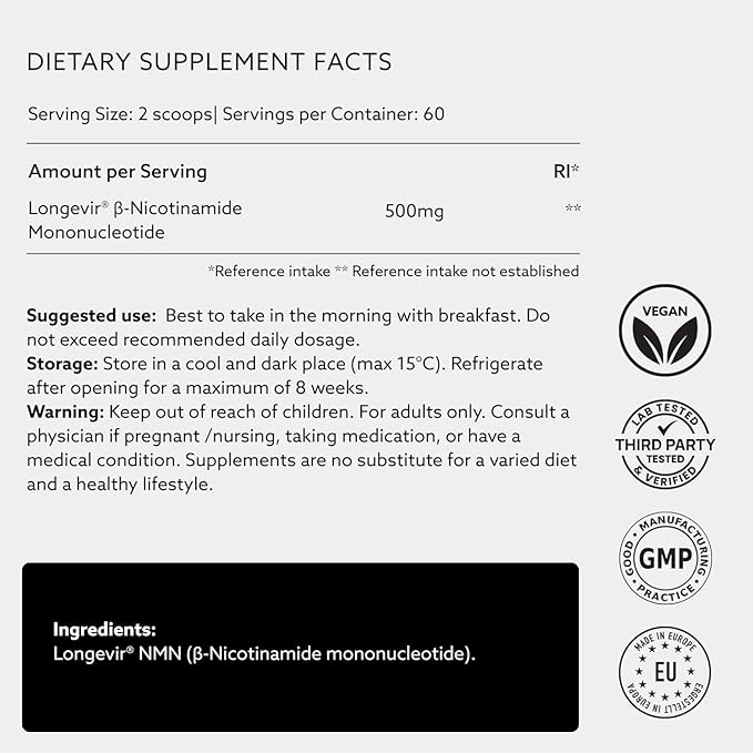 PUROVITALIS NMN Powder 99% Pure Longevir Nicotinamide Mononucleotide Supplement NAD+ Boost for Cellular Health Energy &amp Healthy Aging 2-Month Supply (30g)