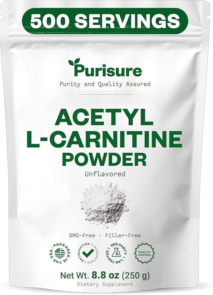 Purisure Acetyl L-Carnitine Powde ALCAR Powder Amino Acid Supplement Acetyl L-Carnitine Supplement for Better Cognitive Performance and Muscular Endurance Gluten Free Non-GMO 250g (8.8 oz)