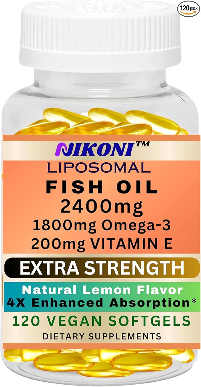 Nikoni Liposomal Lemon Flavor Fish Oil 2400 mg of Omega-3 with 200 mg of Vitamin E. 1200 mg of EPA+ 600 mg of DHA + 600 mg of Other Omegas-120 Vegan Softgels (No Animal Gelatin)