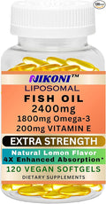 Nikoni Liposomal Lemon Flavor Fish Oil 2400 mg of Omega-3 with 200 mg of Vitamin E. 1200 mg of EPA+ 600 mg of DHA + 600 mg of Other Omegas-120 Vegan Softgels (No Animal Gelatin)