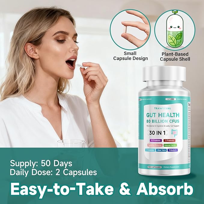 Gut Health Capsule Supplement Supports Microbiome Leaky Gut and Digestion with 80 Billion CFU Probiotics Prebiotics Digestive Enzymes 30-in-1 Gut Health Supplement 100 Capsules