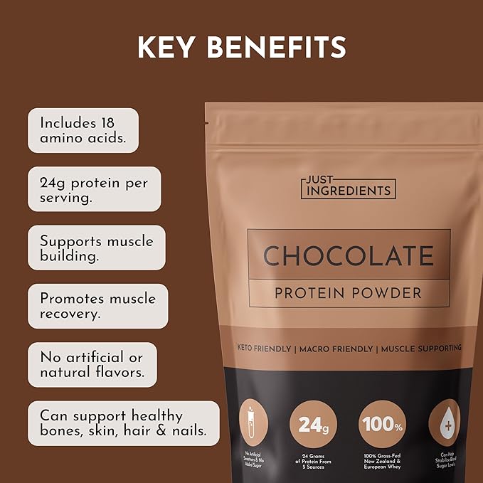 JUST INGREDIENTS Chocolate Protein Powder – 20-Serving Blend with 100% Grass-Fed Whey &amp Organic Plant Proteins – Rich Cocoa Flavor – Supports Muscle Recovery Energy*