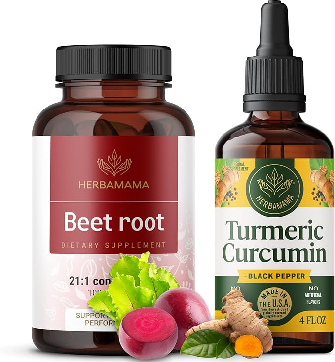 HERBAMAMA Beet Root and Turmeric Kit - Bundle of 21:1 Concentrate Beet Root and Turmeric with Black Pepper Tincture 2 fl oz - Vegan Non-GMO Sugar &amp Alcohol-Free - 2 Pack