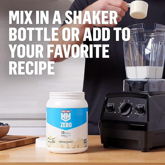 Muscle Mik ZERO Shake Chocolate 11.16 Fl Oz Bottles (Pack of 12) + Muscle Milk Zero 100 Calorie Protein Powder Chocolate 15g Protein 1.65 Pound 25 Servings