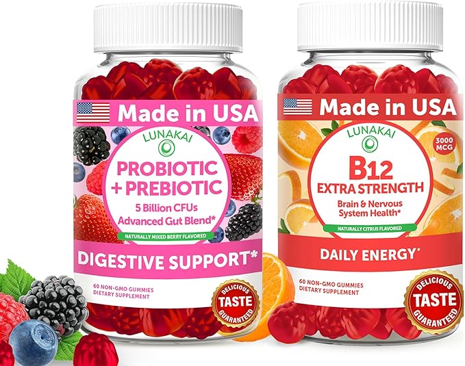 Lunakai USA Made Probiotic + Prebiotic &amp B12 Extra Strength Gummies Bundle – Digestive &amp Daily Energy Support – 60 Non-GMO Gummies Each