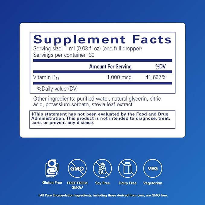 Pure Encapsulations B12 Liquid | 1000 mcg Vitamin B12 (Methylcobalamin) Supplement to Support Nerves Immune Health Energy and Cognitive Function* | 1 fl. oz.