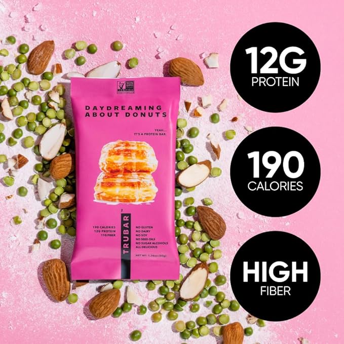 TRUBAR Vegan Protein Bar Daydreaming About Donuts Gluten Free Plant Based High Fiber Dairy Free Non GMO Low Fat No Sugar Alcohols 12G Lean Protein 13G Fiber Healthy Snack Bars 12 CT