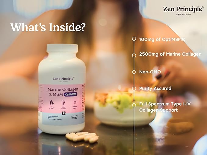 Zen Principle Marine Collagen Peptides Powder with OptiMSM® Supplement. Clinically Tested for Skin Support. Wild-Caught Fish Non-GMO. 420 Capsules.