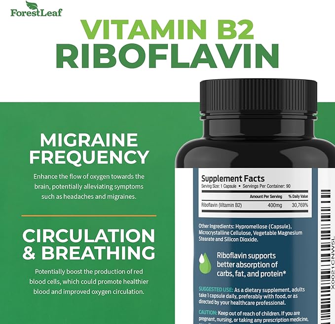 ForestLeaf Riboflavin &amp Magnesium Migraine Supplement - Riboflavin 400mg for Headache Relief - Ultimate Magnesium Bundle with B2 Vitamin 400mg for Headache Migraine Relief Capsules