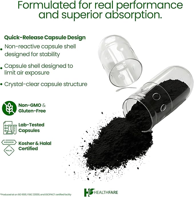 Healthfare Activated Charcoal Capsules 1200mg | 150 Veg Capsules (Pack of 2) | Derived from Coconut Shells | Highly Absorbent | Non-GMO | Made in The USA