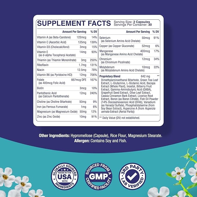 Nootropic Brain Supplement for Memory and Focus Enhancement - Vitamins for Brain Mental Health &amp Clarity - Cognitive Health Complex for Mind's Vitality &amp Mental Alert - 60 Capsules - 3 Pack