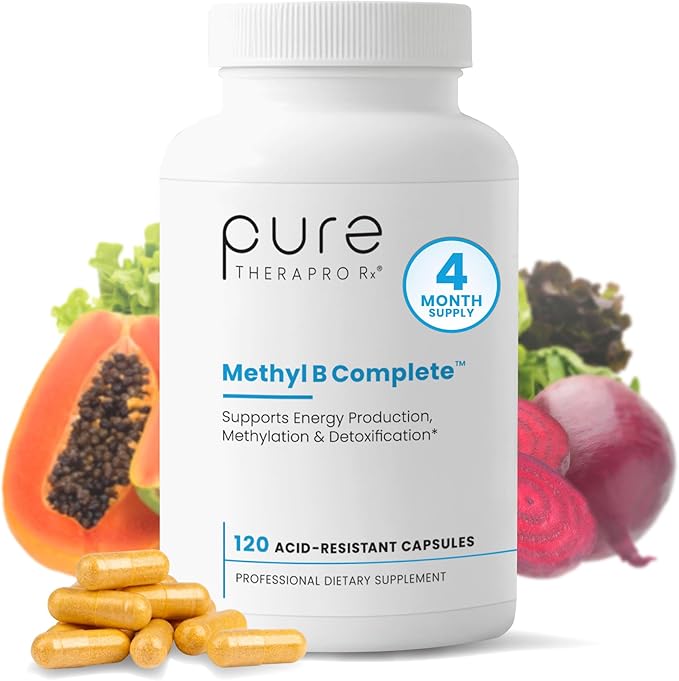 Pure Therapro Rx Methylated B Complex Vitamins Made in USA 4 Month Supply | Methyl B Complete Quatrefolic 5-MTHF Folate B12 Methylcobalamin TMG Trimethylglycine Methylfolate | Pharm Grade