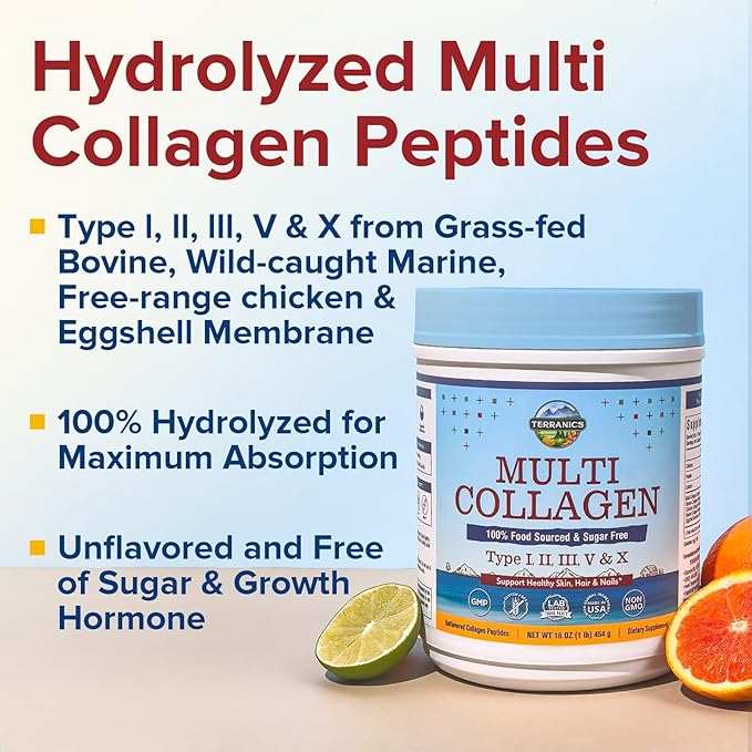 Terranics Multi Collagen Peptides Powder Type I II III V X Hydrolyzed Collagen for Women+Men Collagen Supplements Fast Dissolve Unflavored Colageno No Sugar Keto 16oz