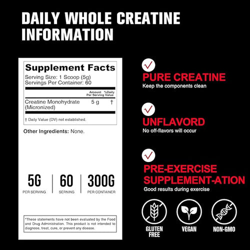 5000mg Creatine Monohydrate Micronized Powder Pure Unflavored Micronized Creatine Monohydrate 300g (60 Servings) Nutritional Supplements for Men &amp Women Sugar-Free Non-GMO with Scoop