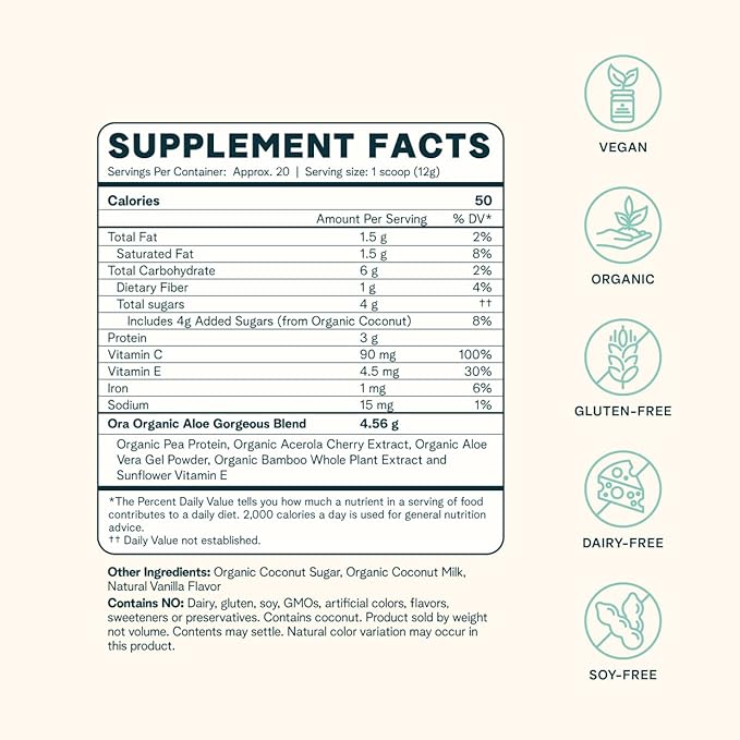 Ora Organic Vegan Collagen-Boosting Powder for Women and Men - Hair Skin &amp Nails Support - Bamboo Silica Plant-Based Protein Organic Vitamin C Aloe Vera - Vanilla Flavor 20 Servings