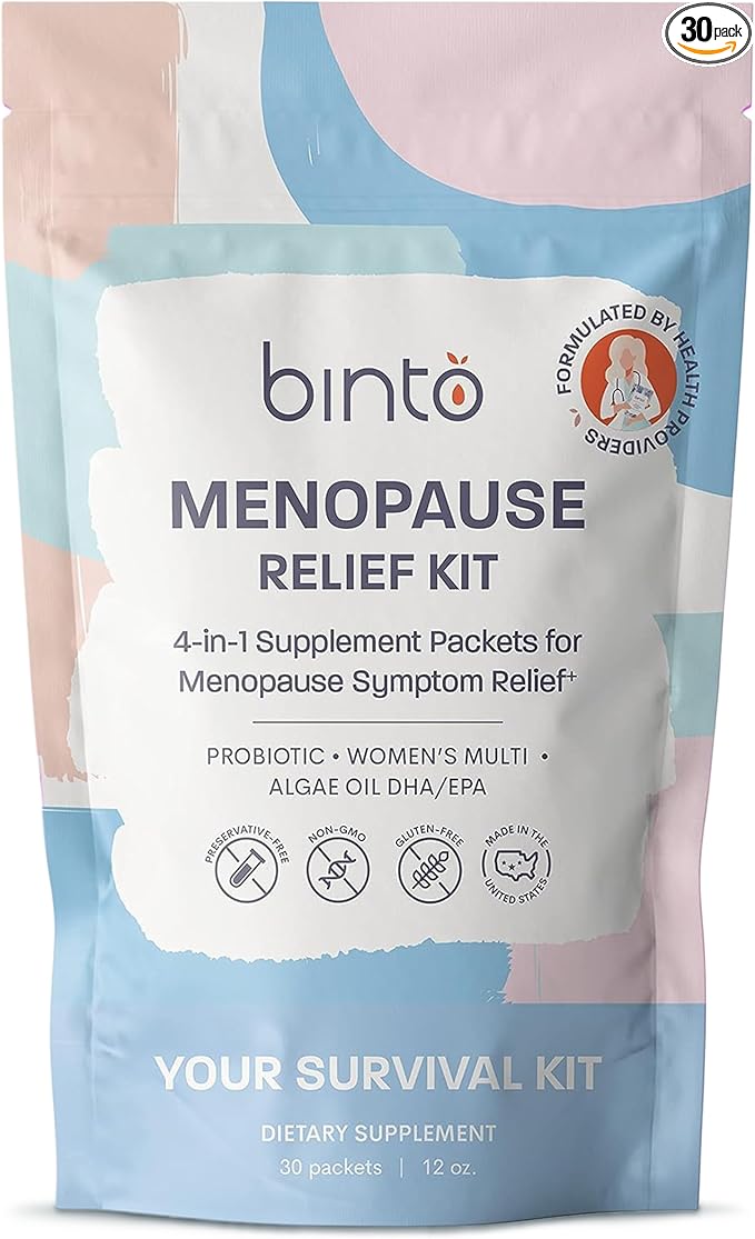 Binto Complete 4-in-1 Multi-Symptom Menopause Relief Kit Supplements - 1 Month Supply - Multivitamins with Omega-3 Ashwagandha and Probiotics/Prebiotic Fiber Blend - Non-GMO