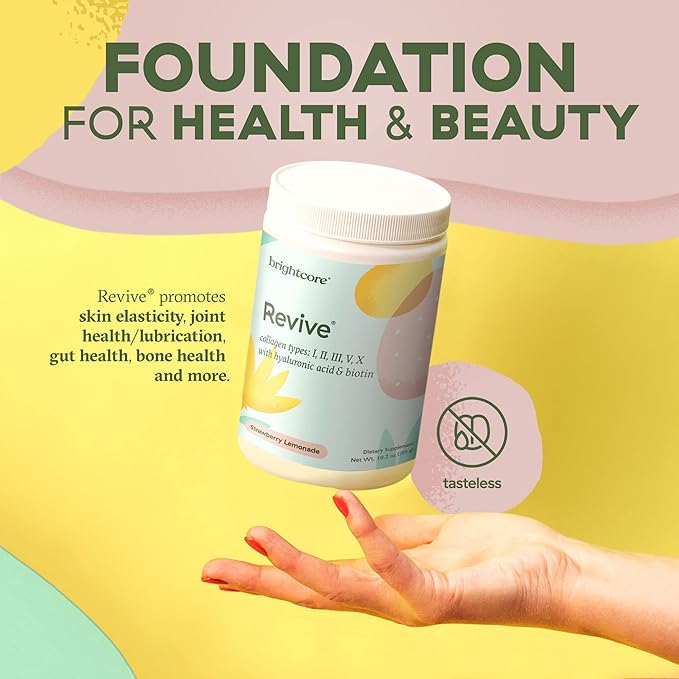Brightcore Nutrition Revive Multi Collagen Protein Powder with Vitamin C and Hyaluronic Acid Non-GMO Gluten-Free Collagen Powder for Women and Men Strawberry Lemonade Flavor 30 Servings