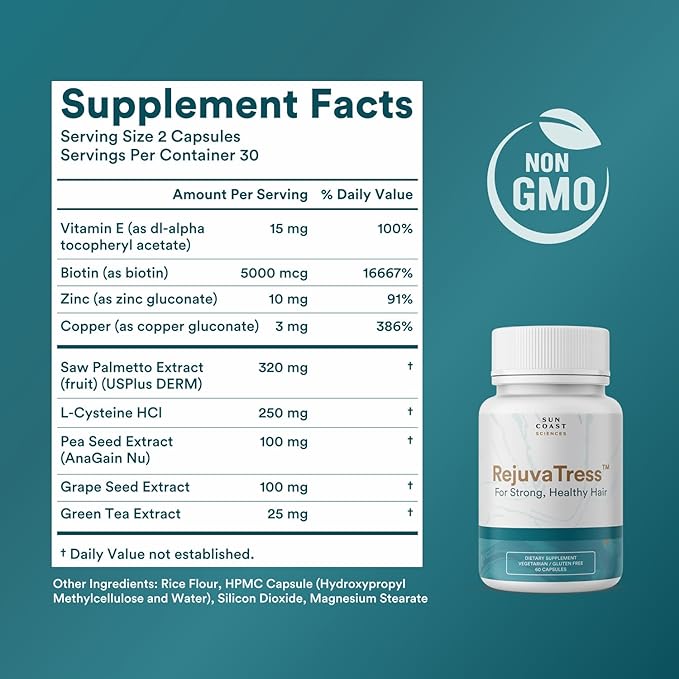 SUN COAST SCIENCES RejuvaTress from Hair Support Supplement for Women | Doctor-Formulated with Saw Palmetto Biotin &amp AnaGain Nu | Supports Thicker Stronger Healthier Hair | 60 Capsules