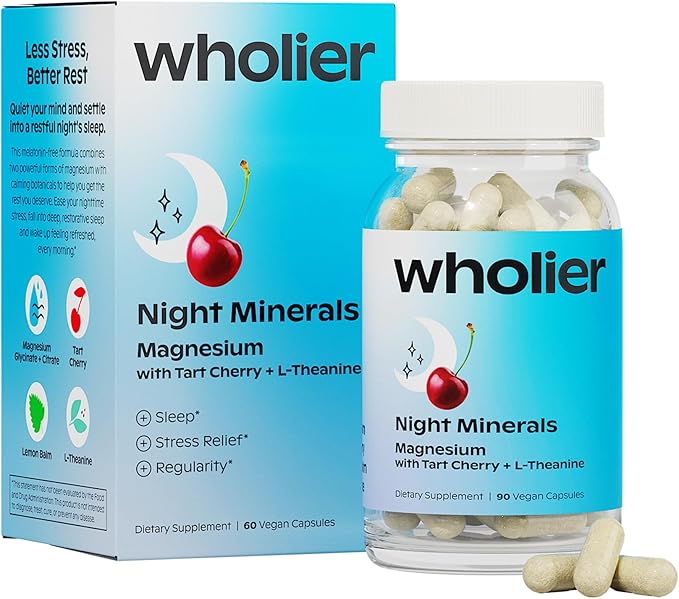 wholier Magnesium Glycinate L-Theanine Tart Cherry Juice. Natural Support for Sleep Stress + Relaxation. Melatonin-Free. Night Minerals. (60 Vegan Capsules) Glass Bottle