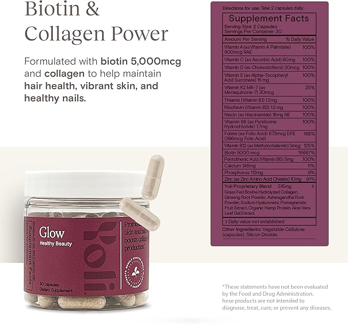 Yoli Glow Biotin &amp Collagen Supplements – Hair Skin &amp Nails Formula – Daily Multivitamin for Women with Essential Vitamins &amp Minerals – 60 Capsules