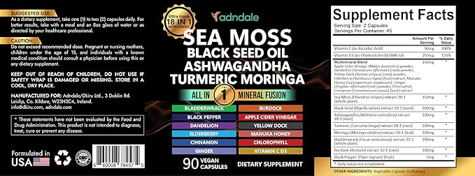 Adndale Sea Moss Capsules - Sea Moss Blend with Ashwagandha Turmeric &amp Black Seed Oil - 90 Count