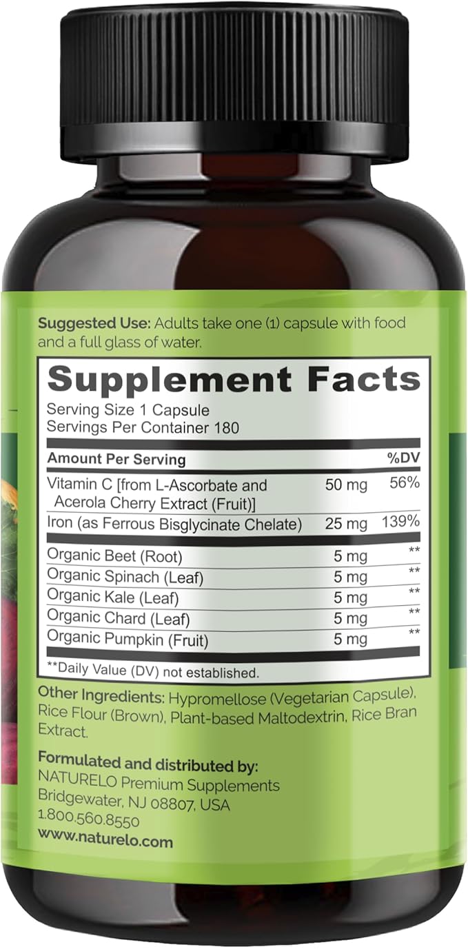 NATURELO Vegan Iron Supplement with Vitamin C and Organic Whole Foods - Gentle Iron Pills for Women &amp Men with Iron Deficiency Including Pregnancy Anemia and Vegan Diets - 180 Mini Capsules
